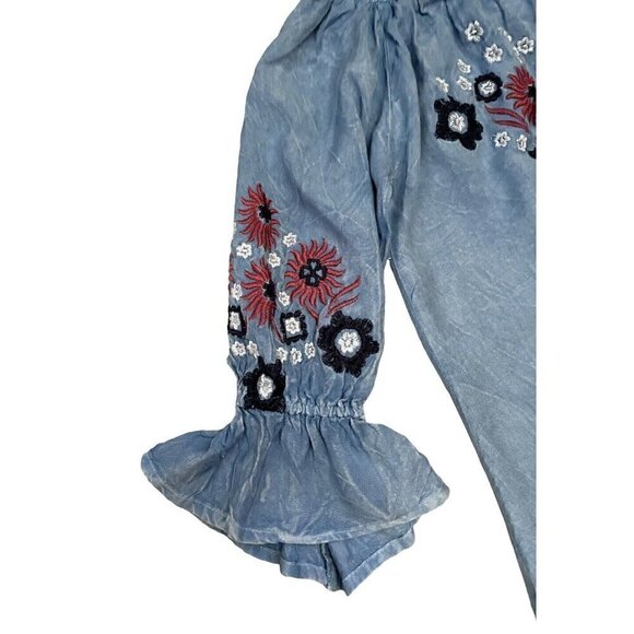 VTG 90s Rainforest Cafe Blue Chambray Floral Red Embroidered Dress Women’s S - Picture 7 of 10